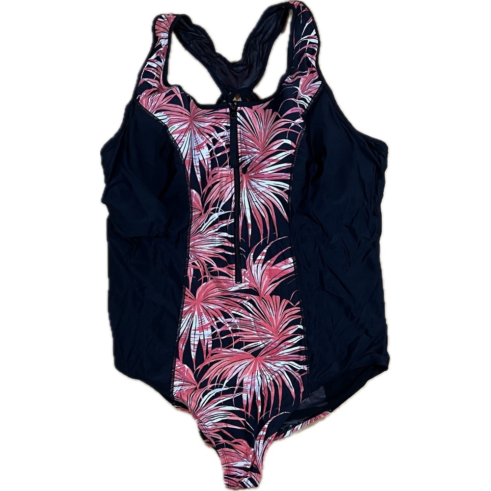 Cacique One Piece Swimsuit Women 22 Black Pink Tropical Palm‎ Zip Front Beach